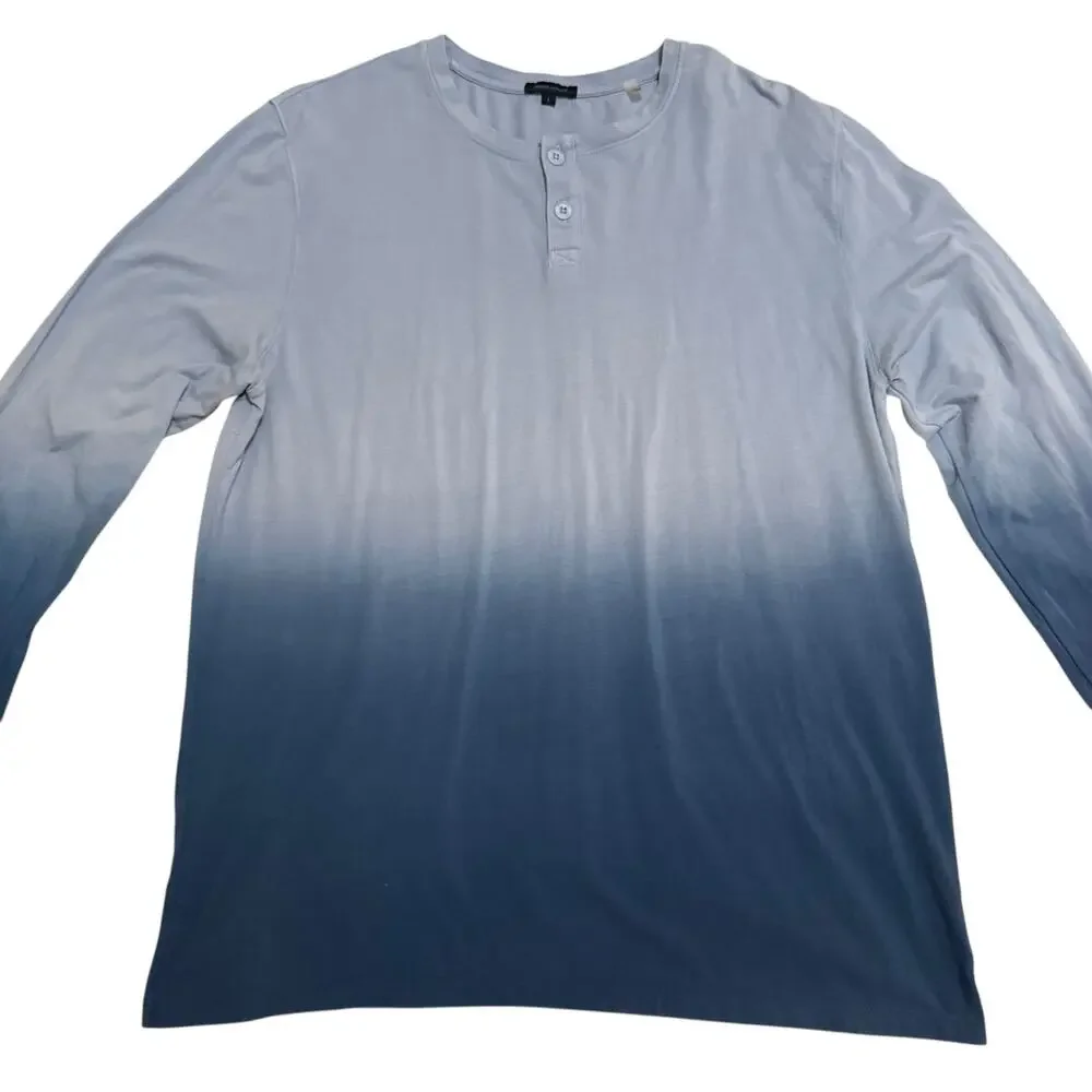Patrick Assaraf Stretch Pima Cotton Henley Shirt Ombre Tie Dye Peru Blue Large